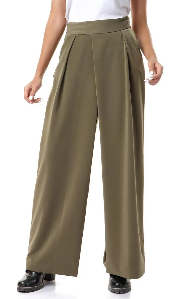 93135 Side Zipper Solid Wide Leg Pants - Olive