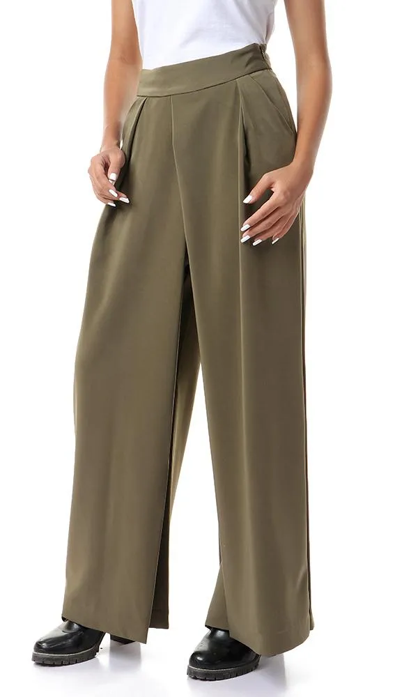 93135 Side Zipper Solid Wide Leg Pants - Olive