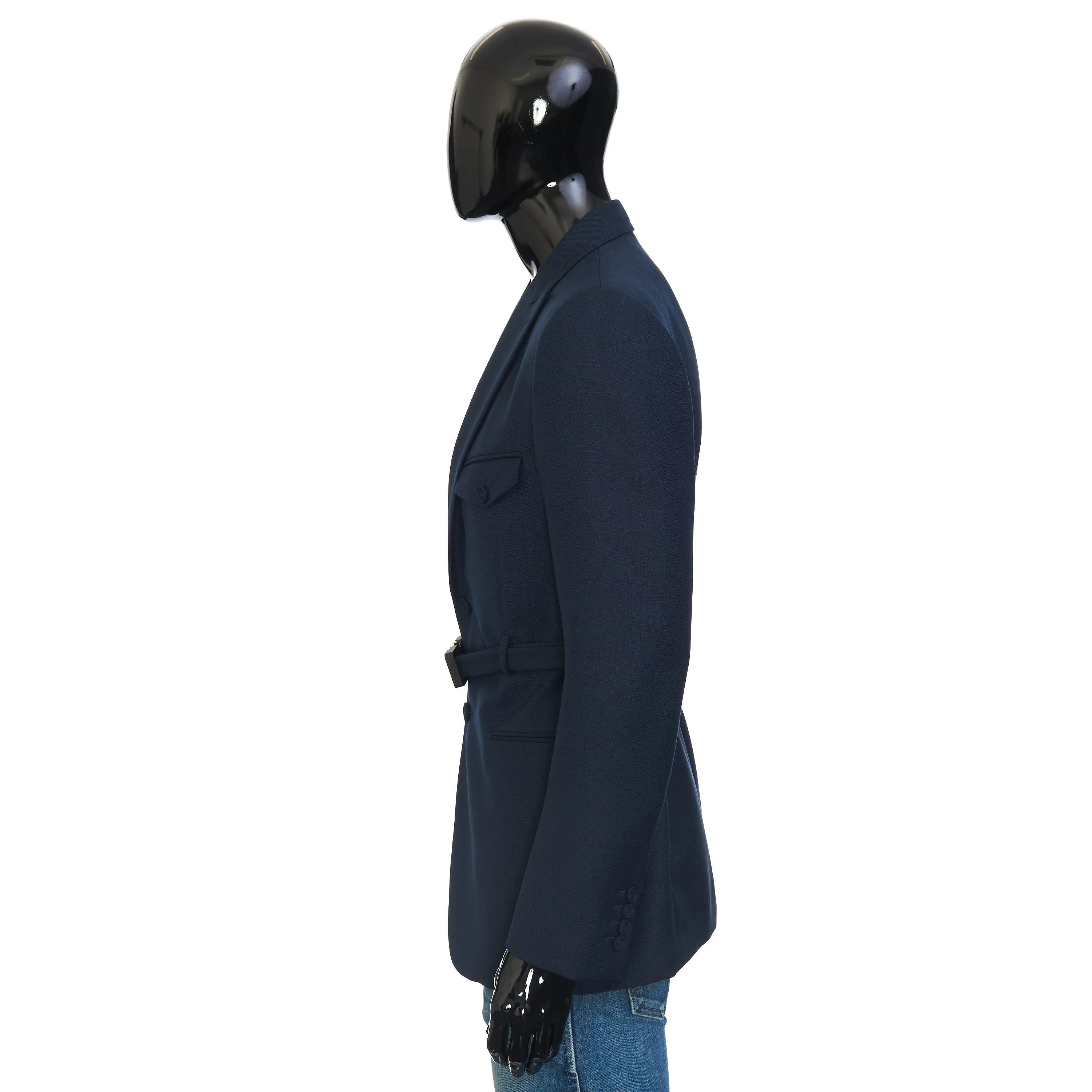 Belted Jacket With 'CD' Buckle In Navy Blue Wool & Mohair Canvas