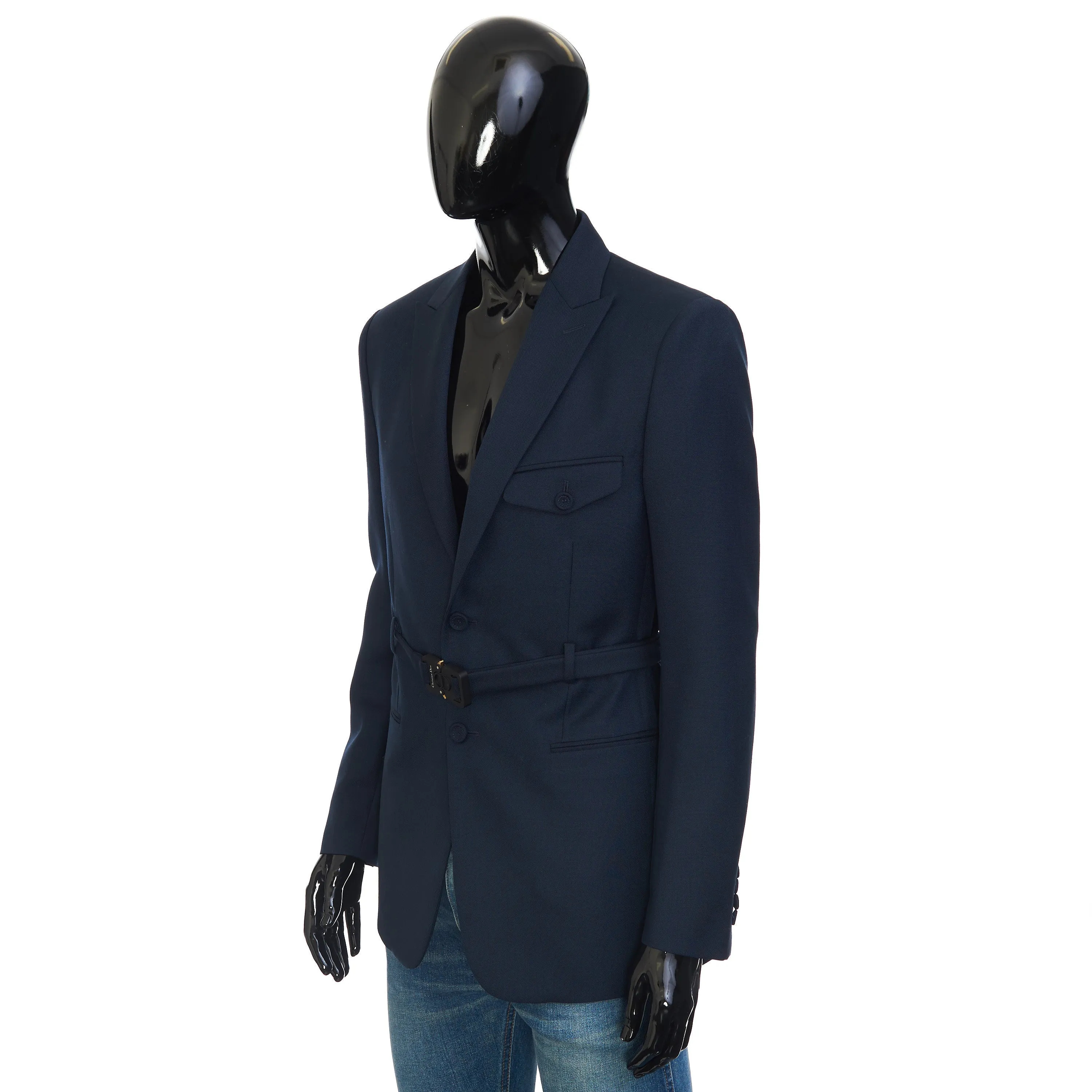 Belted Jacket With 'CD' Buckle In Navy Blue Wool & Mohair Canvas