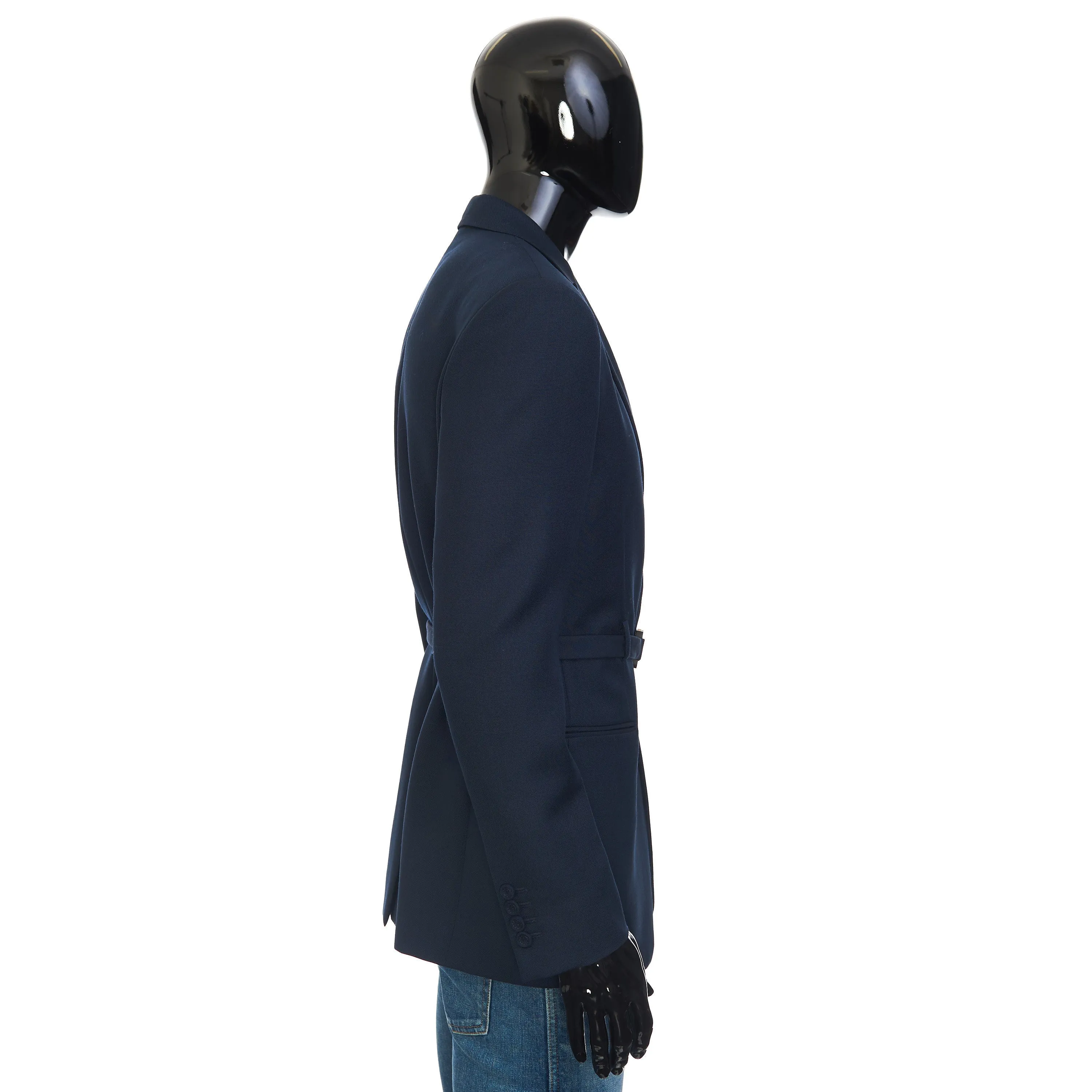 Belted Jacket With 'CD' Buckle In Navy Blue Wool & Mohair Canvas