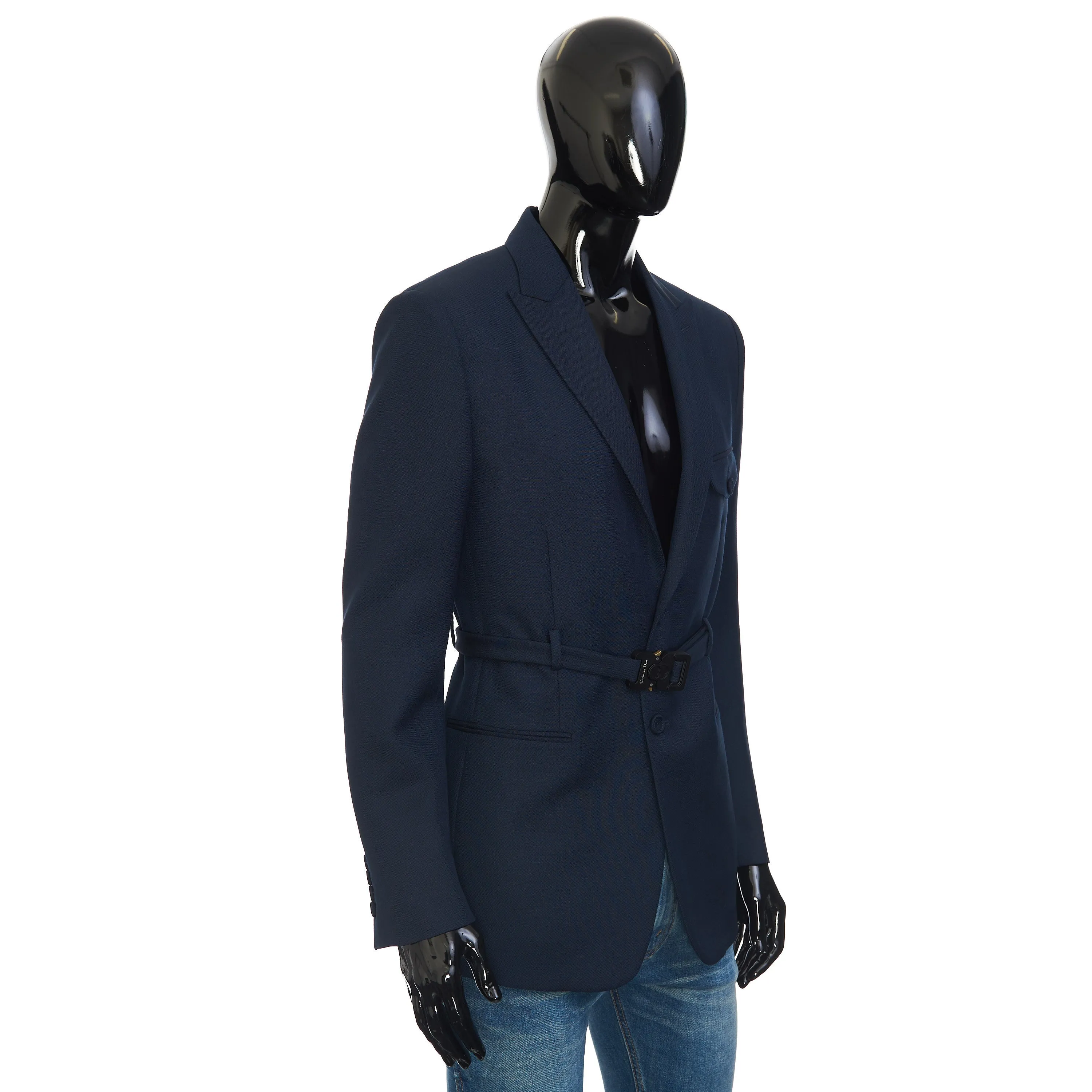 Belted Jacket With 'CD' Buckle In Navy Blue Wool & Mohair Canvas