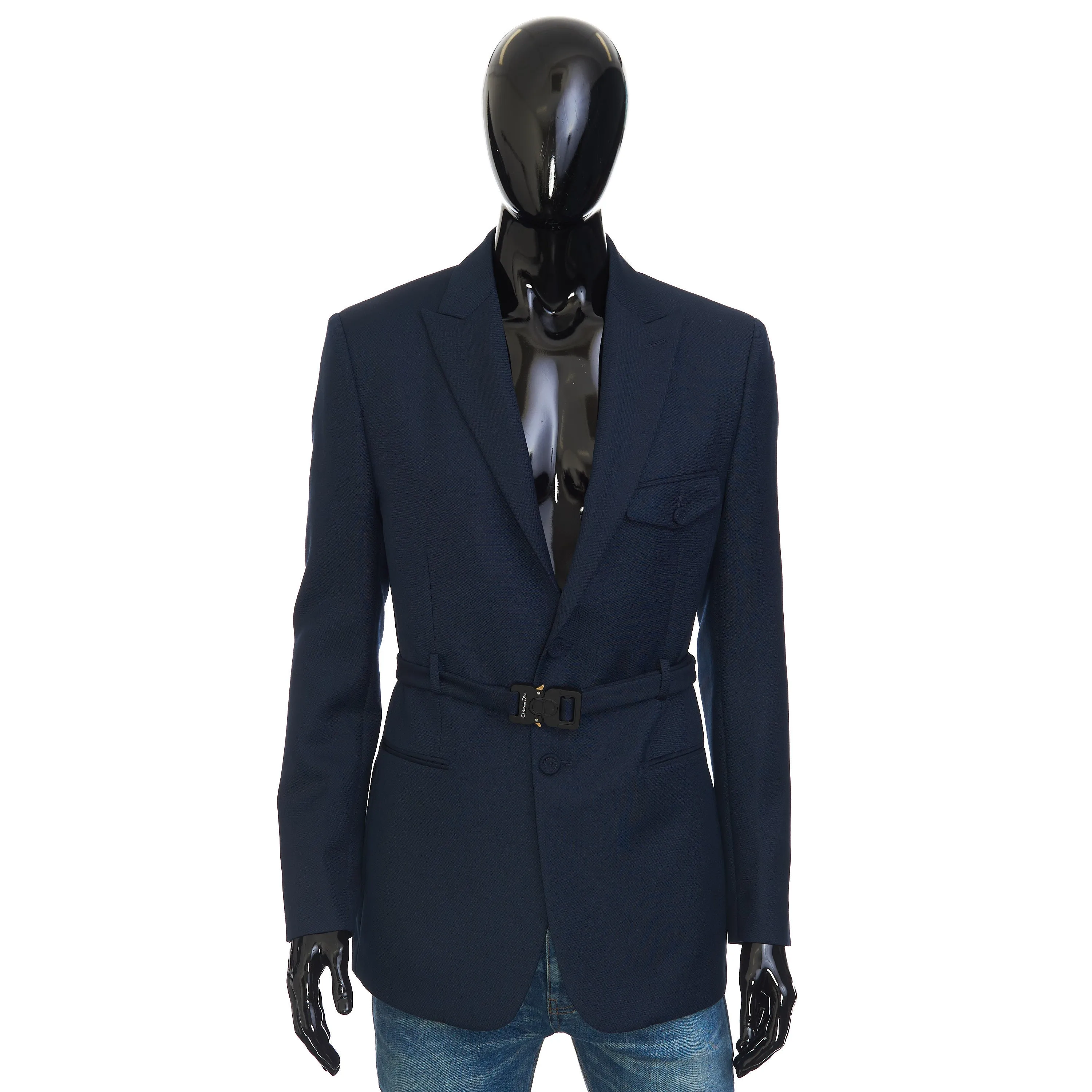 Belted Jacket With 'CD' Buckle In Navy Blue Wool & Mohair Canvas