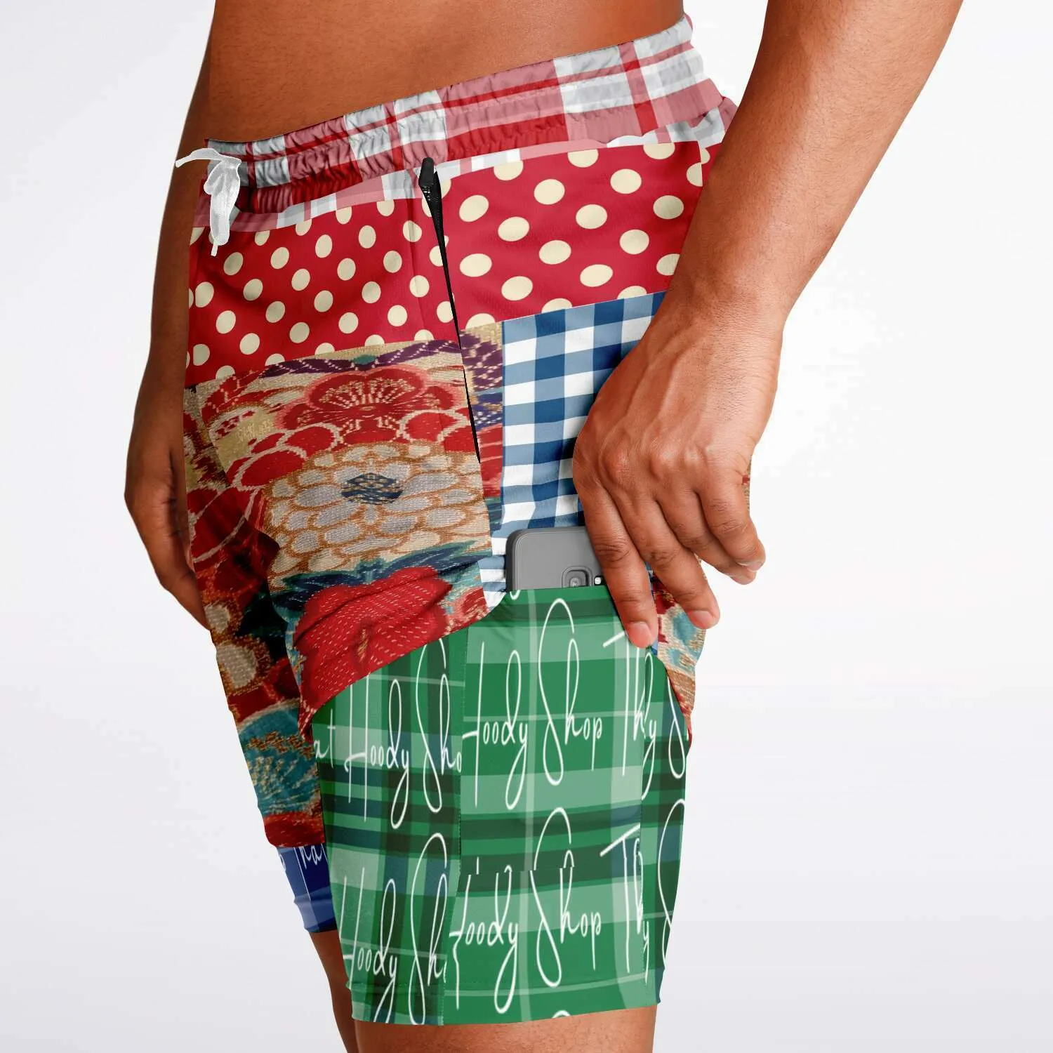 Busan Fleur Floral Plaid Patchwork Compression Activity Shorts