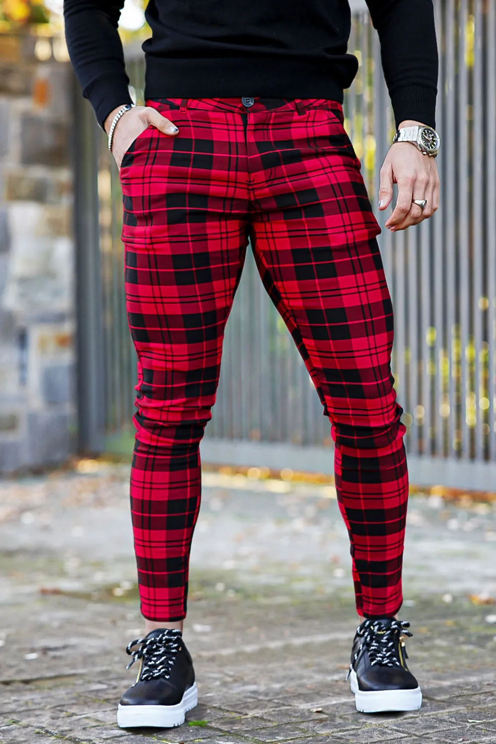 Buy $80 Free Shipping Red And Black Plaid Skinny Pants