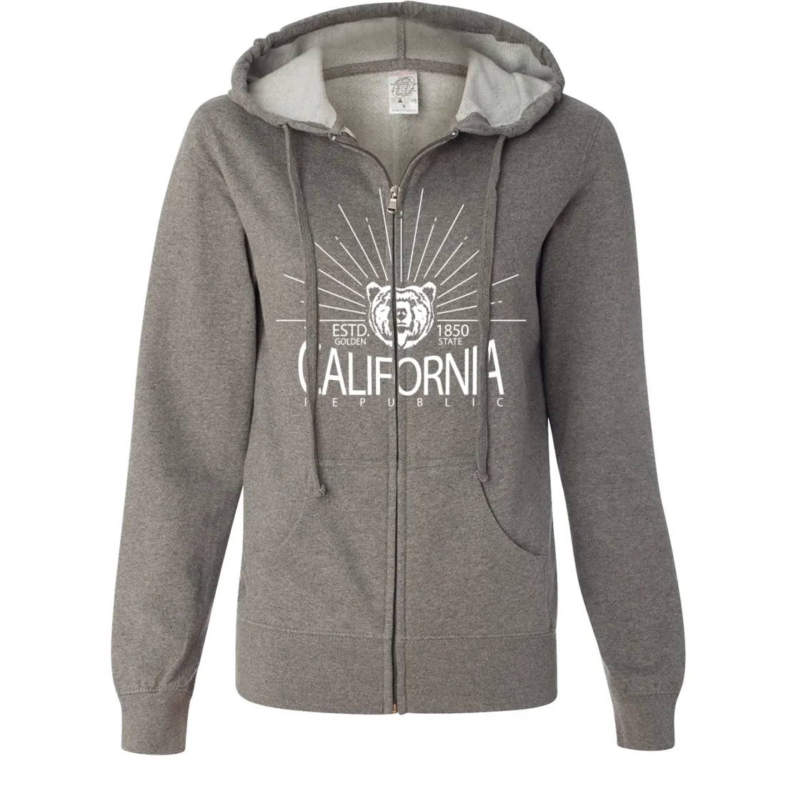 California Golden State White Print Ladies Lightweight Fitted Zip-Up Hoodie