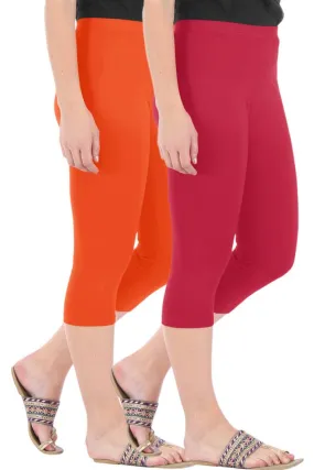 Combo Pack of 2 Skinny Fit 3/4 Capris Leggings for Women Flame Orange Tomato Red