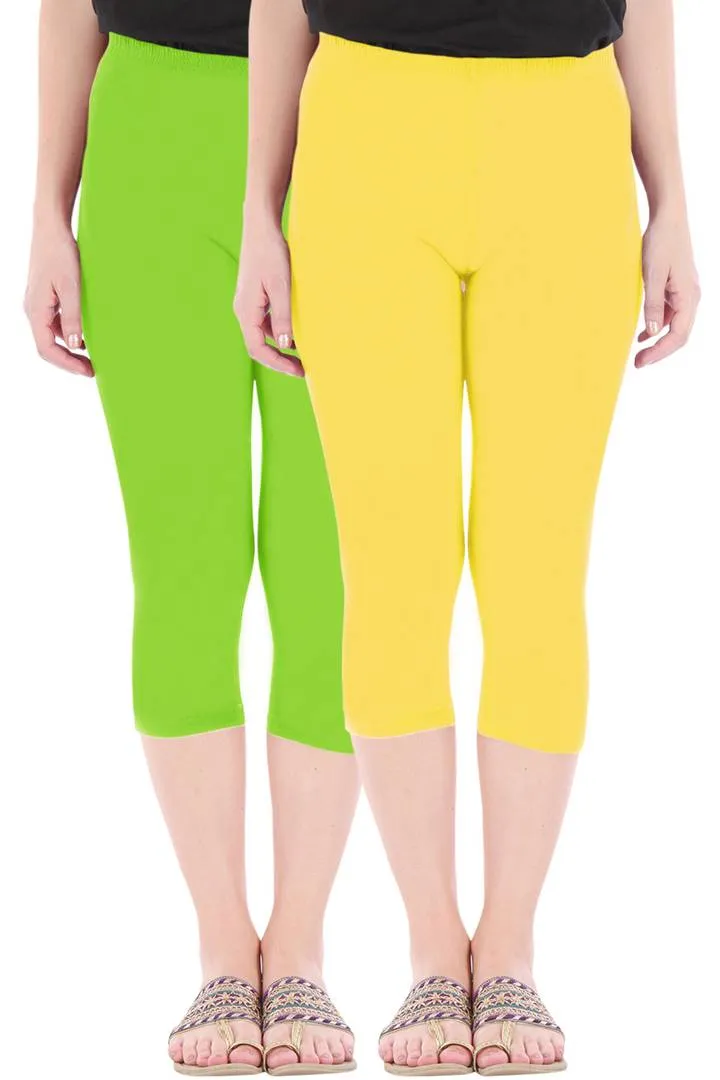 Combo Pack of 2 Skinny Fit 3/4 Capris Leggings for Women Merin Green Lemon Yellow