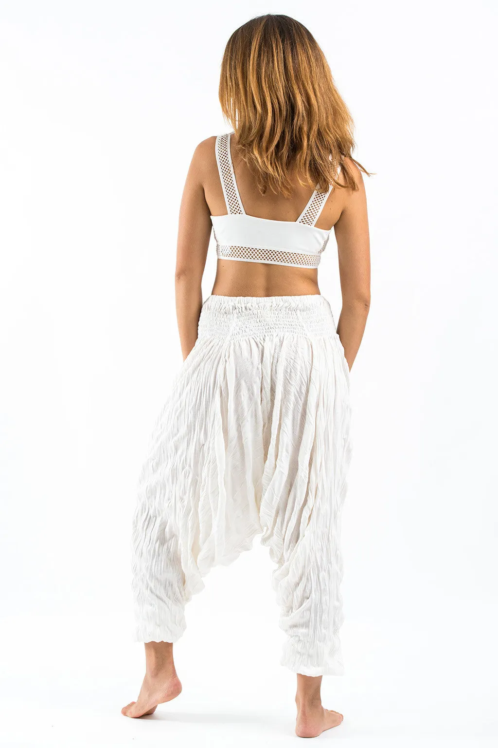 Crinkled Cotton Harem Pants in White