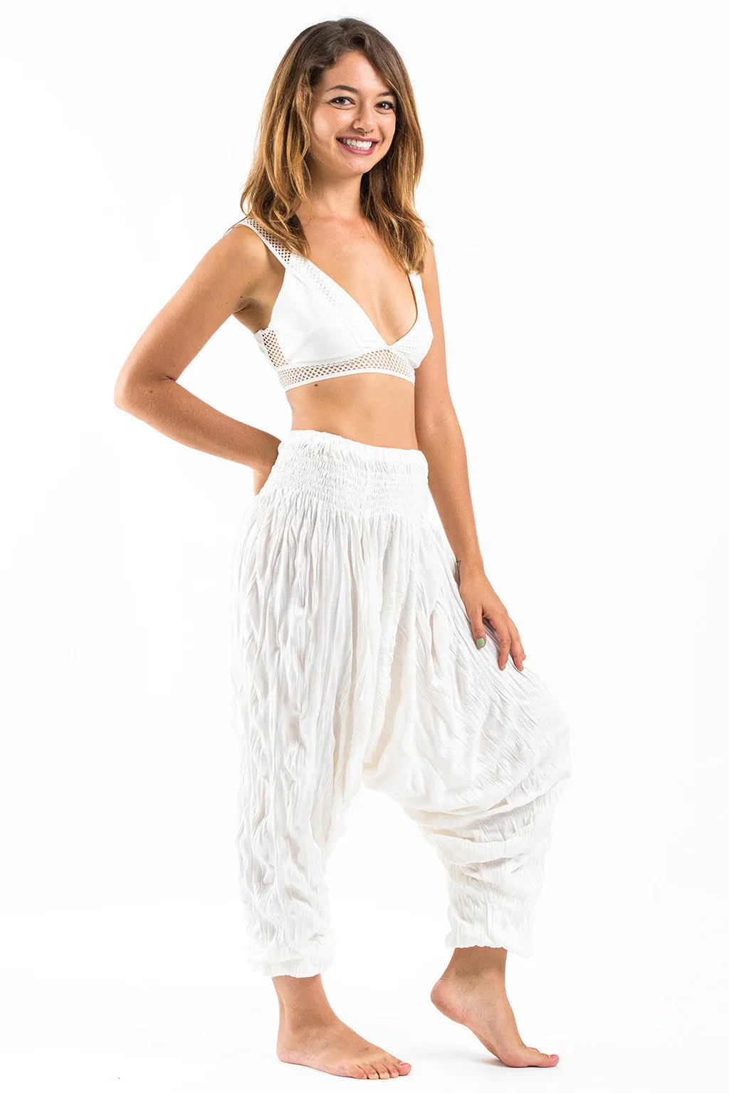 Crinkled Cotton Harem Pants in White