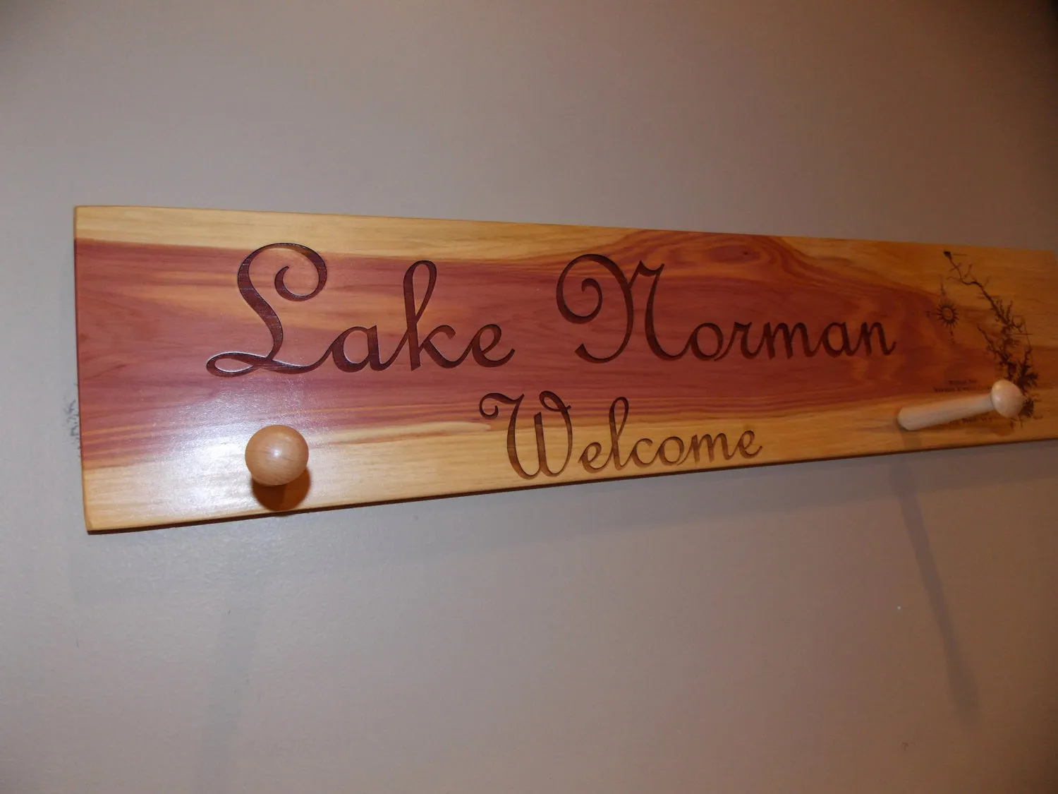 Custom Cedar Plank Sign With Lake Of Choice Engraving Two Peg Rack