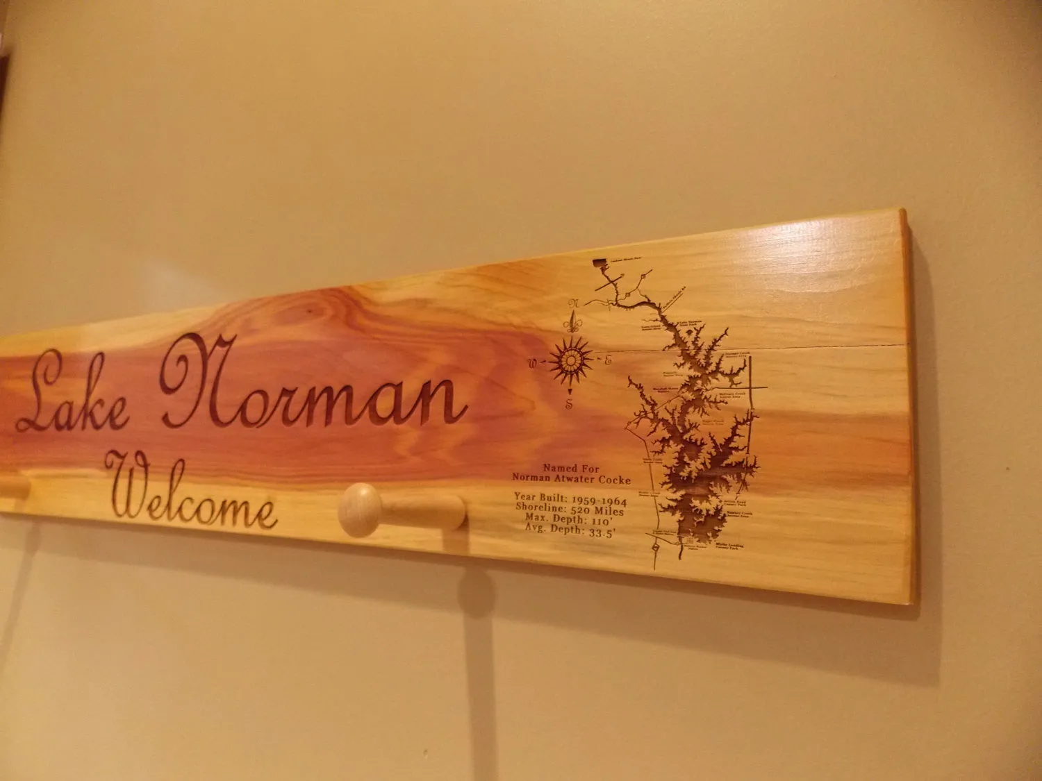 Custom Cedar Plank Sign With Lake Of Choice Engraving Two Peg Rack