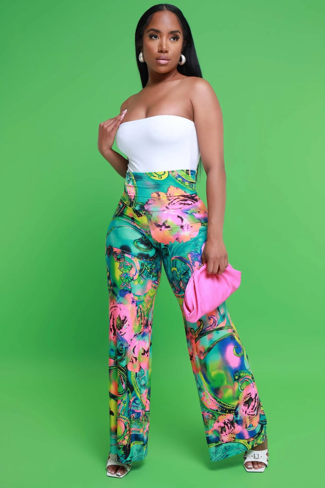 Daybreak High Waist BBL Print Palazzo Pants - Green Multicolor