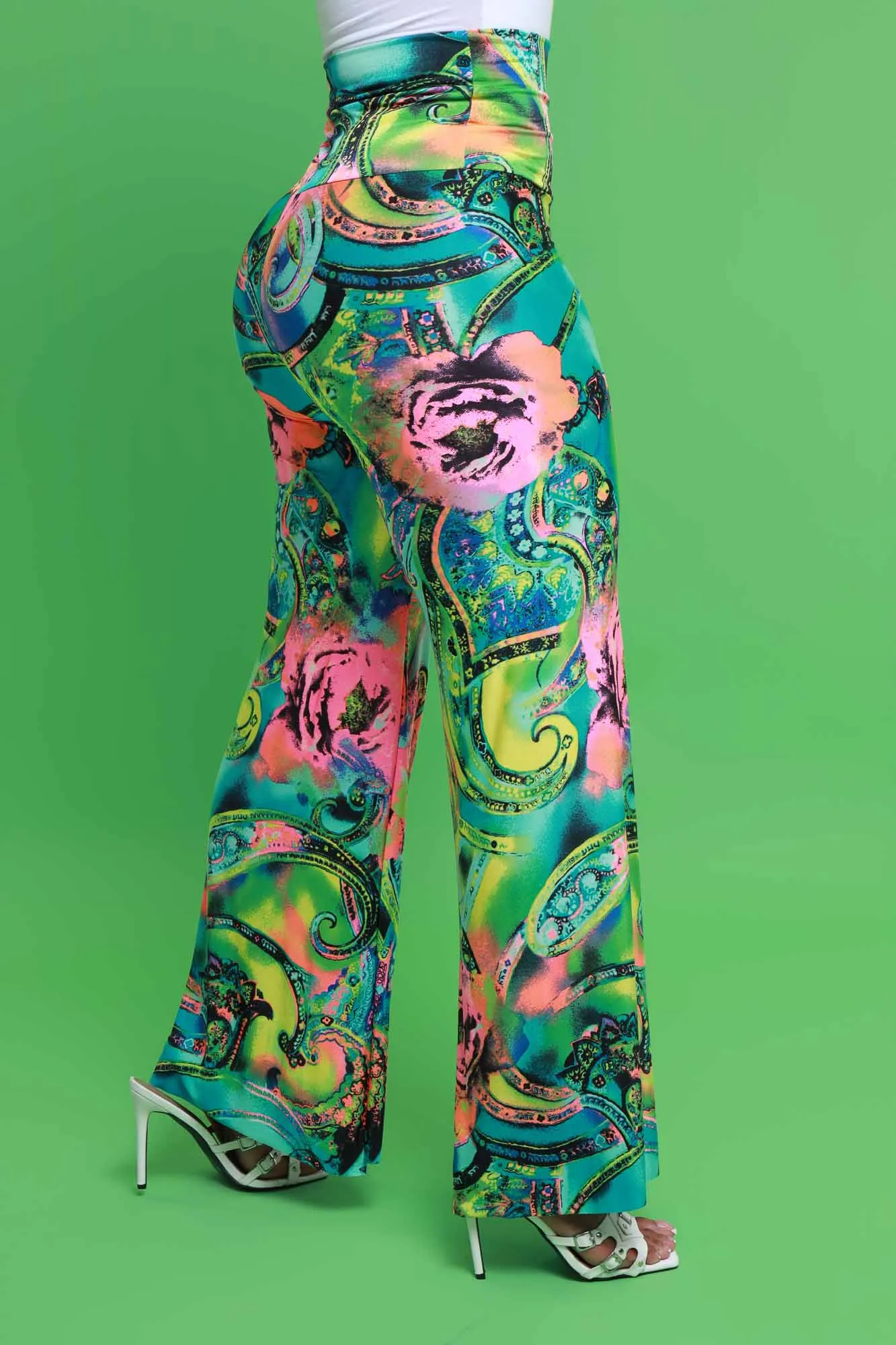 Daybreak High Waist BBL Print Palazzo Pants - Green Multicolor