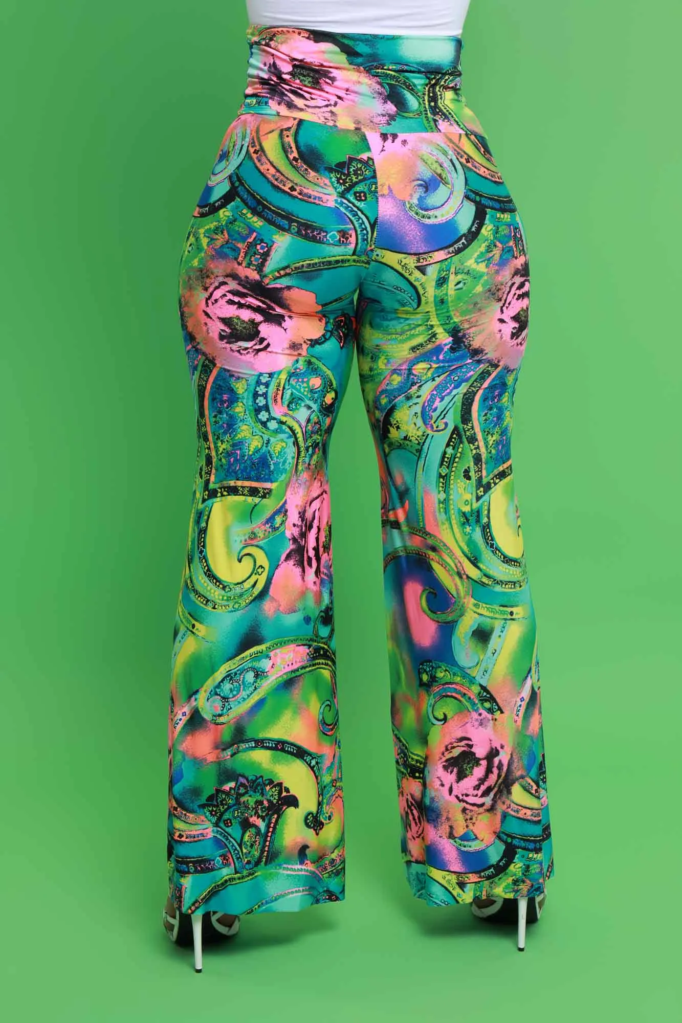 Daybreak High Waist BBL Print Palazzo Pants - Green Multicolor