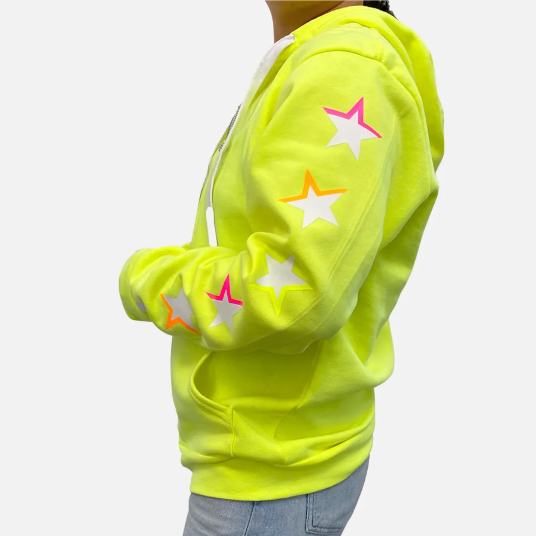 Dotty NEON Yellow Zip Up Hoodie - White Shadow Stars