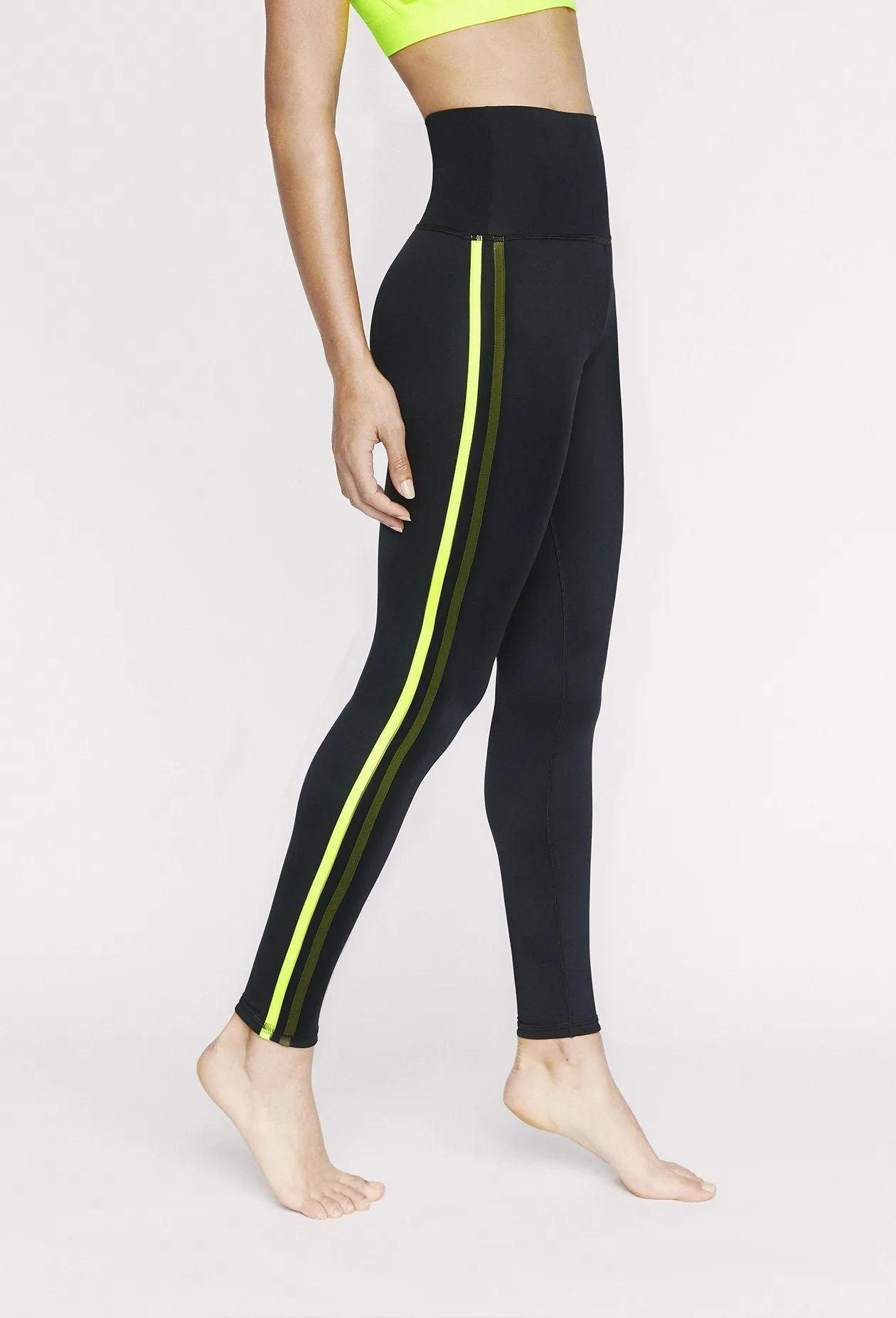 Double Stripe Leggings Black Neon Yellow - Safari Green