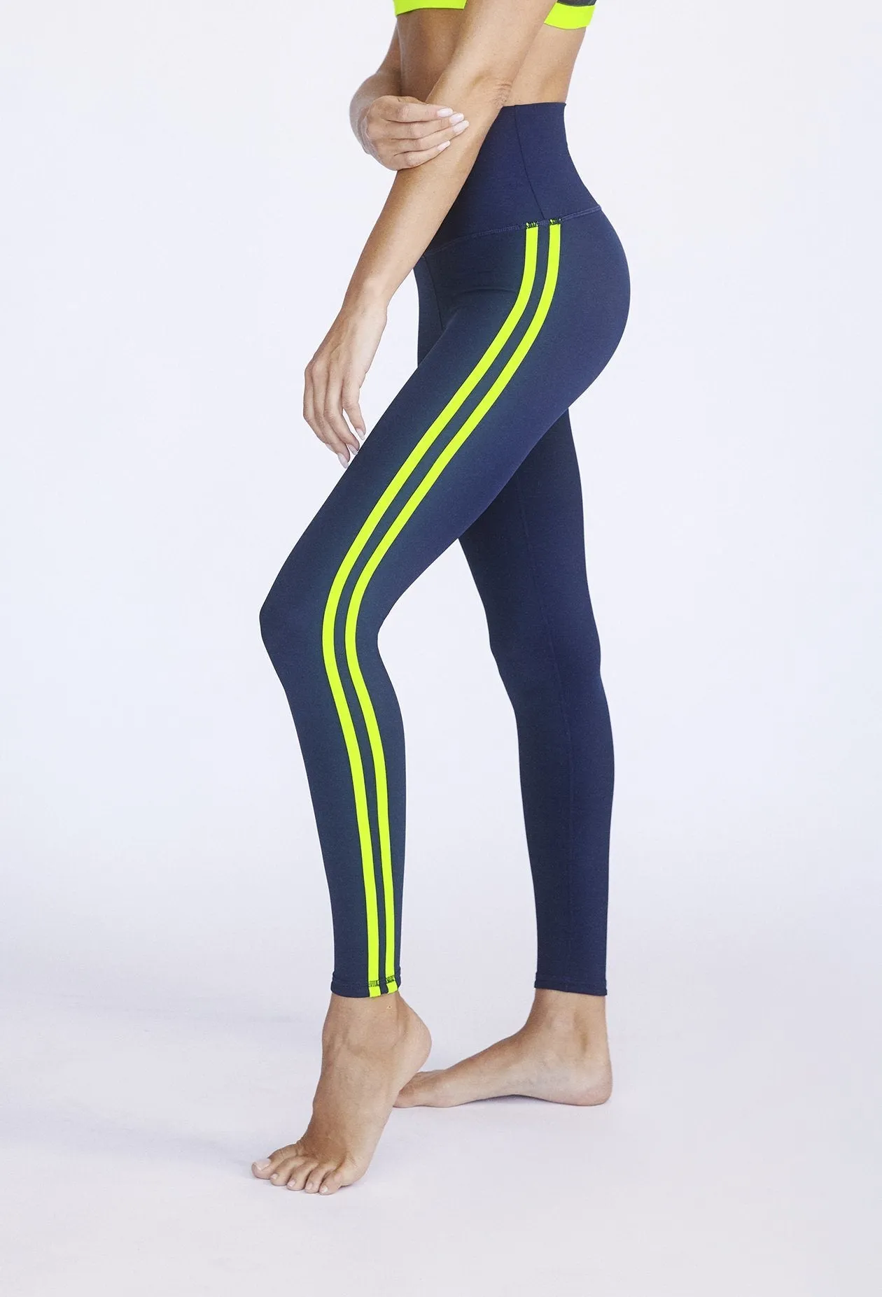 Double Stripe Leggings Navy - Neon Yellow