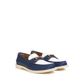 Men's Loafer With Horsebit In Blue Leather & White GG Canvas