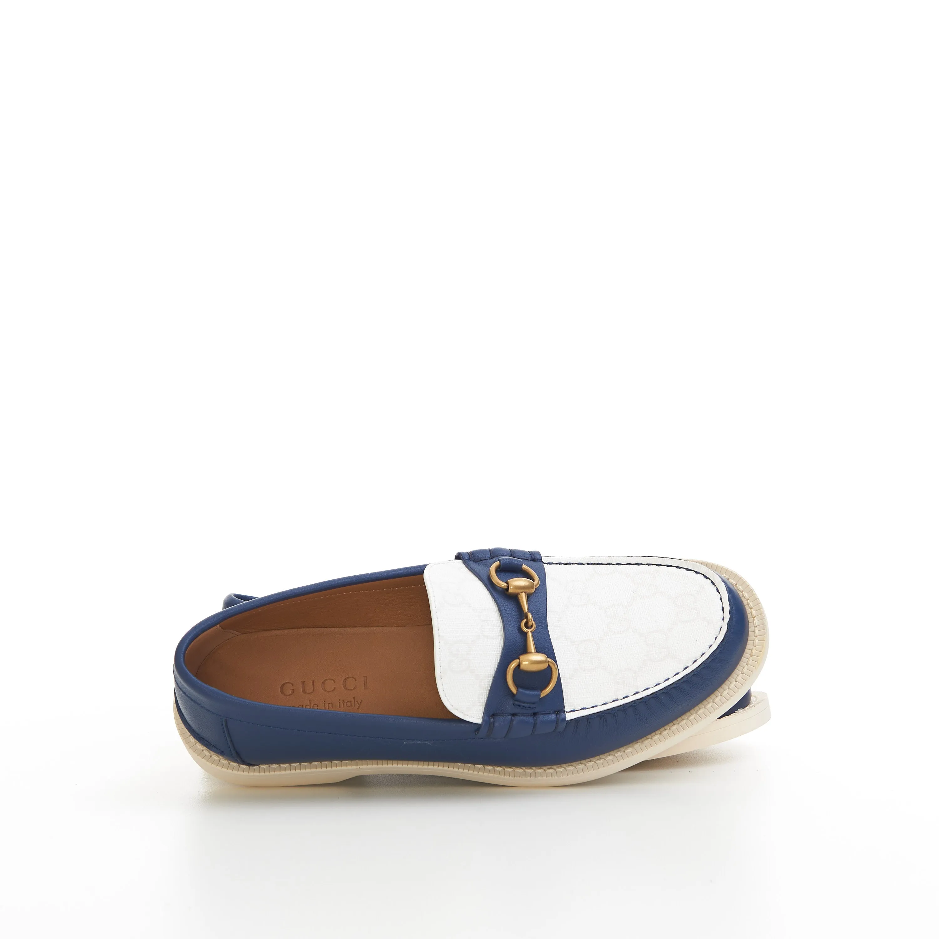 Men's Loafer With Horsebit In Blue Leather & White GG Canvas