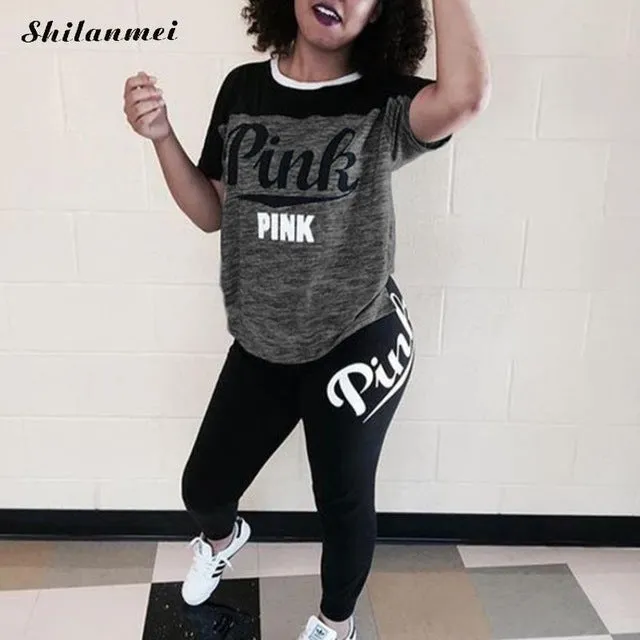 PINK Printing Women'S Outfits Short Sleeve T-Shirts And Long Pants 2 Piece Set Fitness Plus Size