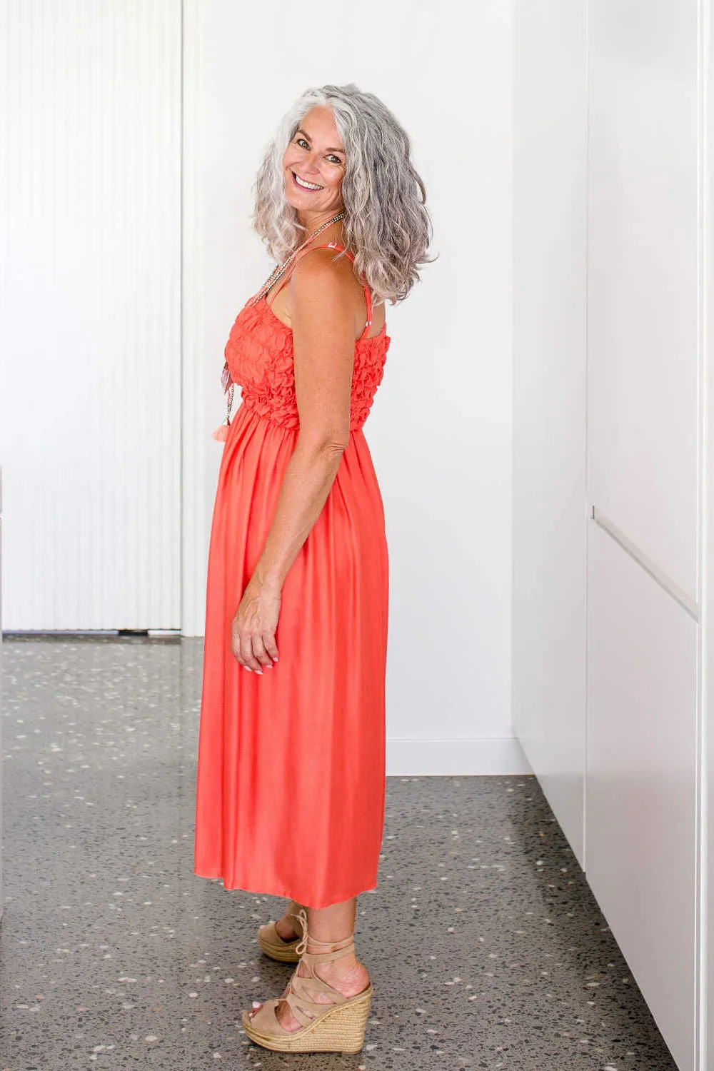 Shirred Beach Dress - Coral